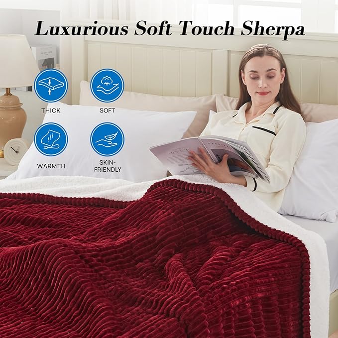 Westinghouse Queen Size Electric Blanket, Flannel to Sherpa Reversible, Heated Blanket Queen with Dual Control 10 Heating Settings & 1-12 Hours Auto Shut Off, Machine Washable, (84" x 90", Red)