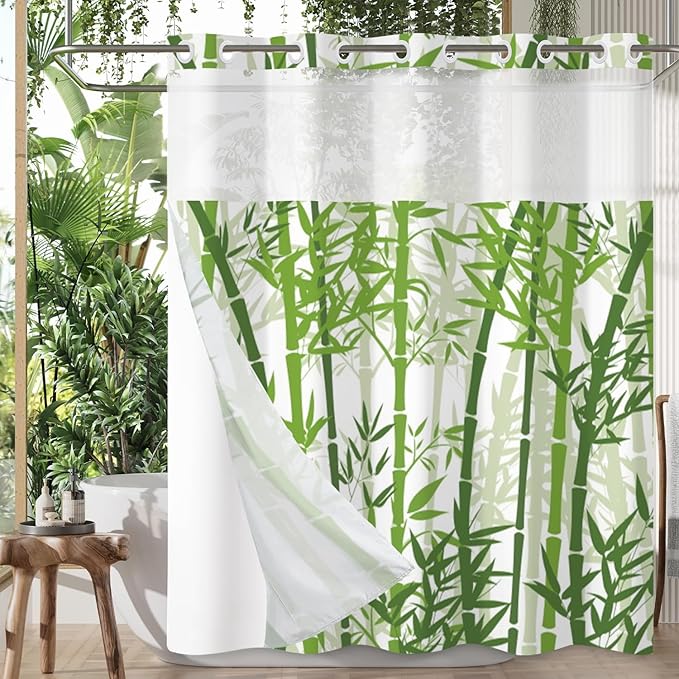 Bamboo Shower Curtain No Hooks with Snap-in Liner,Spring Bamboo Shower Curtains,Watercolor Fabric Green Shower Curtain Set,with See Through Top Window for Bathroom Decor,71 x 74 Inch