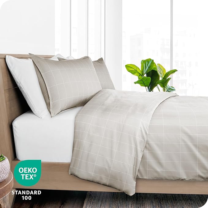 Bare Home Bedding Duvet Cover King Size - Premium 1800 Super Soft Collection - Lightweight, Cooling - Soft Breathable Bedding Duvet Cover (King, Grid - Stone/White)