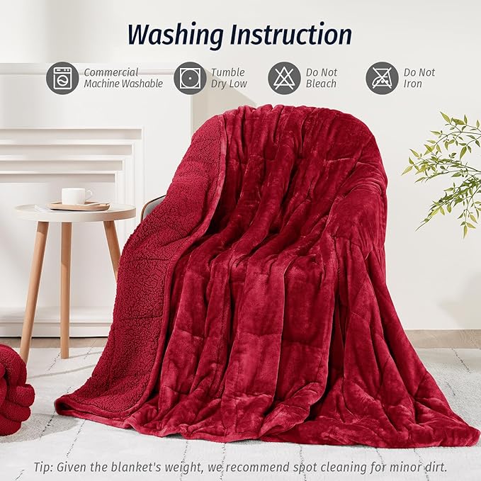 Wemore Sherpa Fleece Weighted Blanket for Adult, 15 lbs Dual Sided Cozy Fluffy Heavy Blanket, Ultra Fuzzy Throw Blanket with Soft Plush Flannel Top, 80 x 87 inches, Burgundy on Both Sides