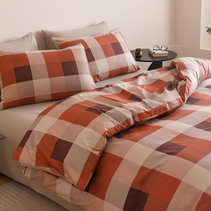 Cottonight Checkered Red Comforter Set Twin Gingham Grid Bedding Set Red and Khaki Grid Comforter Fluffy Soft Bedding Set Kids Teens Twin Comforter with 2 Pillowcases