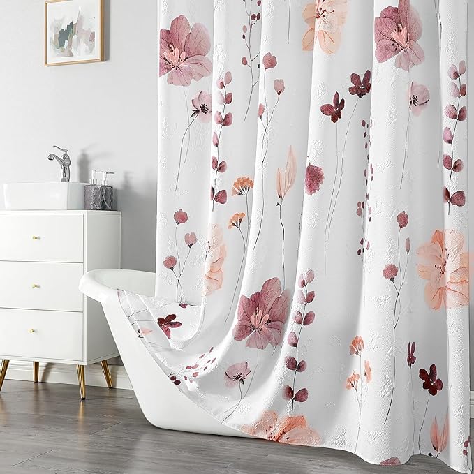 QiyI Watercolor Floral Shower Curtain, 3D Embossed Butterflies Pink Brown Flower Bathroom Curtain, Minimalist White Cloth Bath Curtain, Waterproof Fabric Textured Shower Curtain Set with Hooks, 72x72
