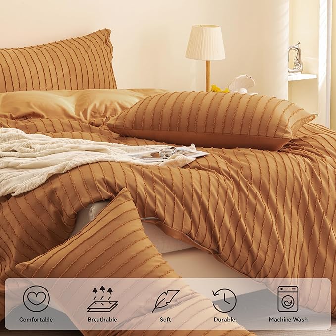 JELLYMONI Duvet Cover Queen Size Rust - 3PCS Boho Striped Duvet Cover Set Polyester Tufted Bohemian Textured Comforter Cover 90×90in with Corner Ties & Zipper and 2 Pillowcases