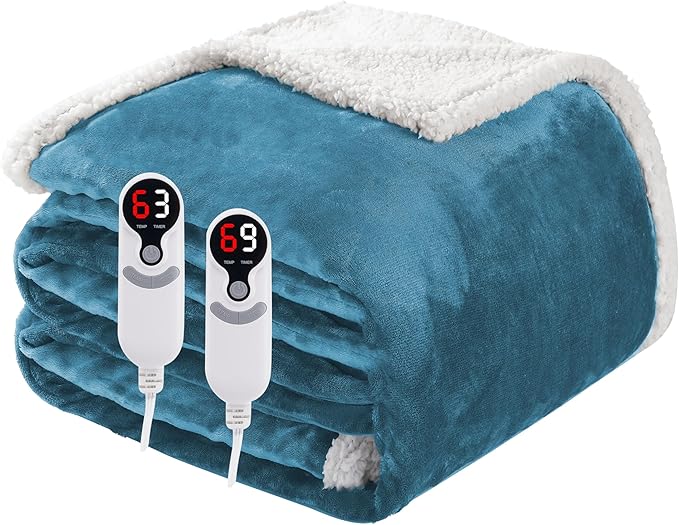 Electric Heated Blanket Queen Size 84"x90", Soft Flannel with Dual Controllers & Overheat Protection, 6 Adjustable Heat Settings & 10-Hour Auto-Off Timer, Fast Heating for Winter Comfort, Blue