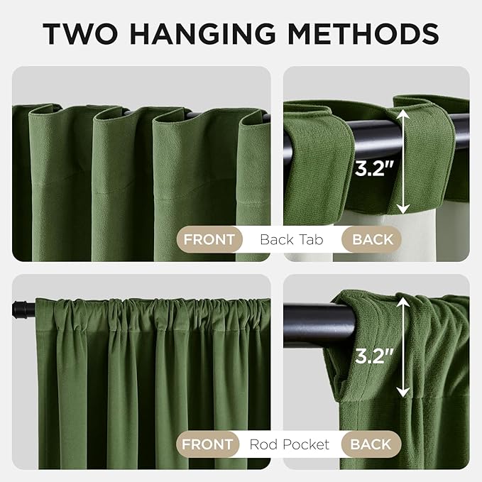Joydeco Olive Green 100% Blackout Curtains 96 Inch 2 Panels, Luxury Thermal Green Velvet Curtains for Bedroom Living Room, Soundproof Blackout Window Drapes, Rod Pocket & Back Tab (52W x 96L)