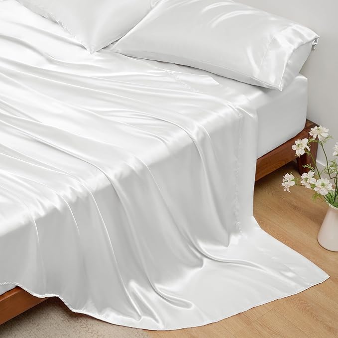 Bedsure White Satin Sheets Full Size - 4 Piece Silky Bedsheets with 15 Inches Deep Pocket Fitted Bedsheet,1 Flat Sheet, 2 Satin Pillowcases, Good for Hair & Skin (Full, White)