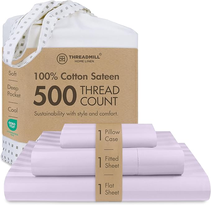 Threadmill 500 Thread Count Twin-XL Size Damask Stripe, 3 Pc Luxury Cotton Sheet Set, Breathable & Silky Soft Lilac Sheets with 15" Elasticized Deep Pocket, 1 Pillowcase & Free Tote Bag