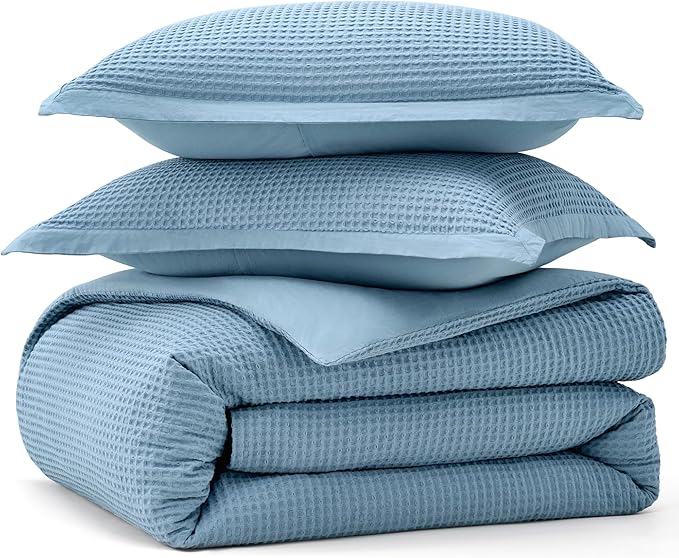 Bedsure Cotton Duvet Cover Queen - 100% Cotton Waffle Weave Grey Blue Duvet Cover Queen Size, GentleSoft™ and Breathable Bedding Set for All Season, 3 Pieces, 90"x90"