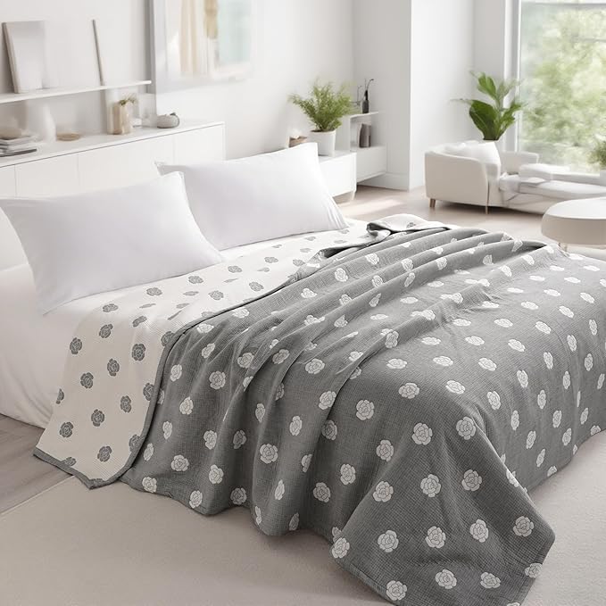 NTBAY 3 Layers Cotton Muslin 88x92 Queen Bed Blanket, Super Soft Breathable Thermal Yarn Dyed Quilt for Adults, Perfect Lightweight Blanket for Couch Sofa Bed All Seasons, Grey Rose