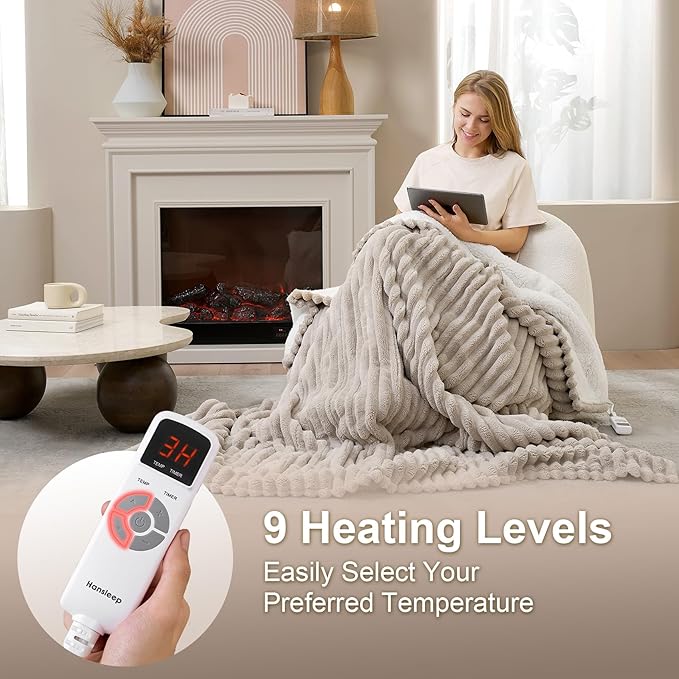 Hansleep Heated Blanket Electric Blanket Full Size, Heating Blanket with 9 Heating Levels and 10-Hour Timer Auto Shut Off, Washable Soft Warm Winter Blanket, 72 x 84 Inches, Linen