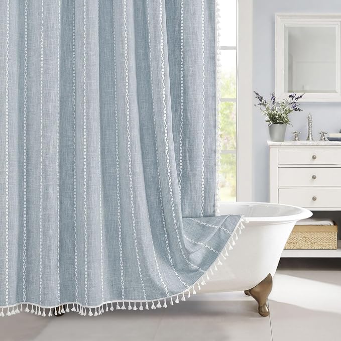 MitoVilla Boho Extra Long Shower Curtain 72 x 84, Blue 84 inch XL Polyester Linen Tassel Fabric Shower Curtain Set with Hooks for Vintage Country Farmhouse Bathroom Decor, Thick & Wrinkle Resistant