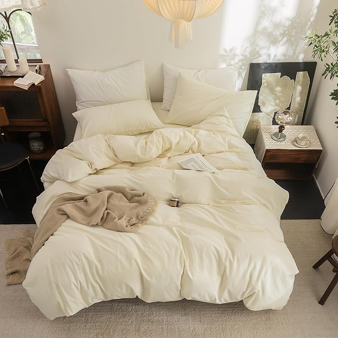 FOSSA Duvet Cover Set 100% Washed Cotton Linen Feel Super Soft Breathable Cozy 3 Pieces Bedding Sets Solid Cream White Oversized King