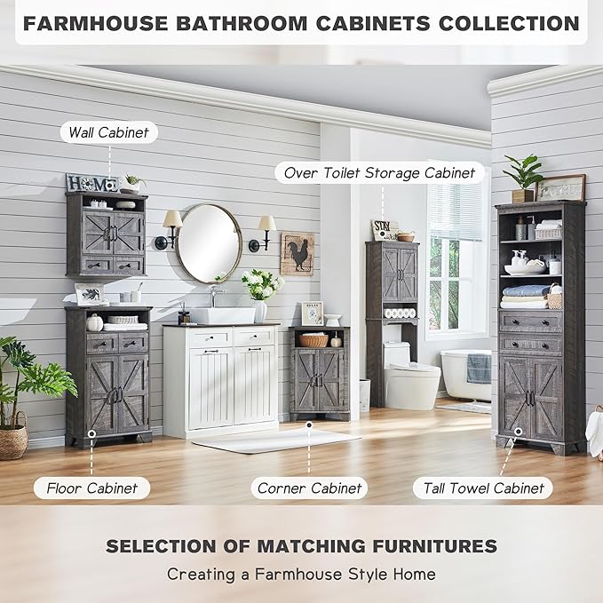 ACCOHOHO Bathroom Storage Cabinet, 72" Tall Farmhouse Storage Cabinet with 2 Drawers, Adjustable Shelves & Barn Door, Cabinet for Bathroom, Living Room, Kitchen, Grey Wash