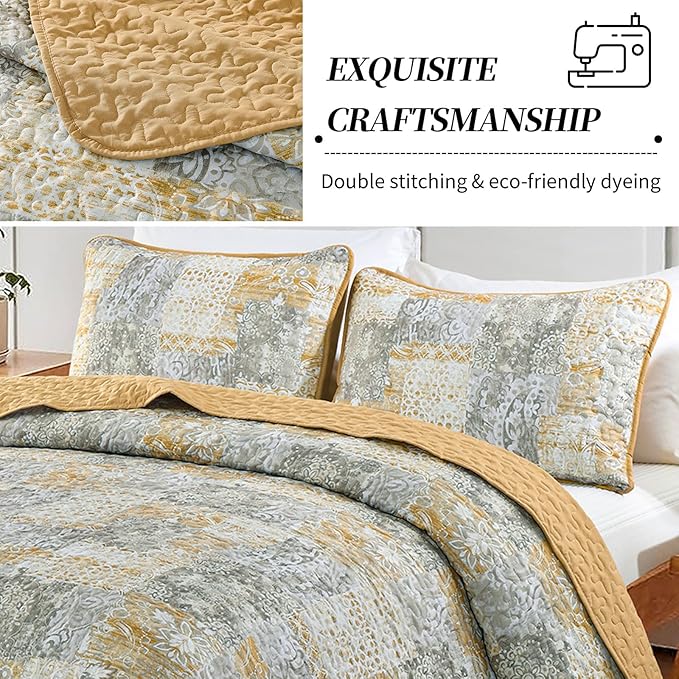 Mybedsoul Yellow Boho Quilt Set Queen Size 3 Pieces Grey and Yellow Plaid Floral Bedding Set Microfiber Lightweight Bohemian Patchwork Bedspread Coverlet Set for All Season 90"x96"