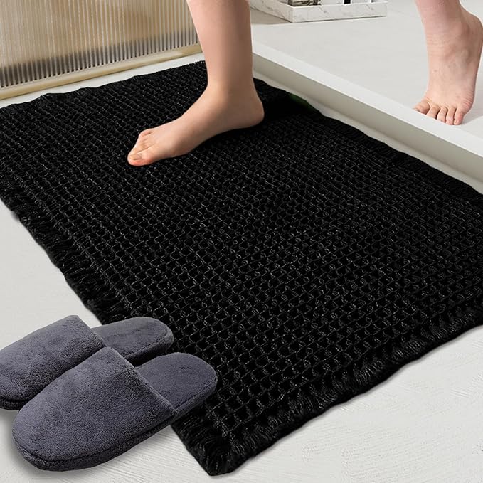 ZALL Waffle Bath Mat Black Super Absorbent Non Slip Bathroom Rug,Rhombus Geometric 18x30inch,Machine Washable Ultra Soft Floor Mats