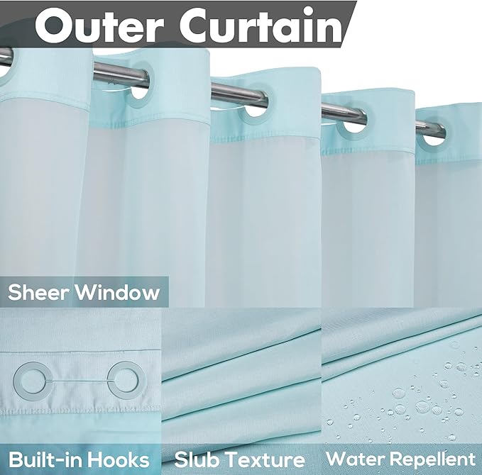 Long No Hook Slub Textured Shower Curtain with Snap-in PEVA Liner Set - 71" x 80"(78"), Hotel Style with See Through Top Window, Blue Fabric Curtain & Waterproof Liner, Blue, 71x80