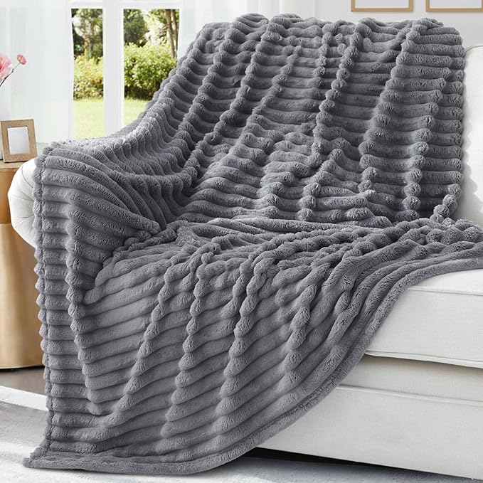 decorUhome Christmas Soft Fleece Grey Blanket Queen Size for Bed, Cozy Fluffy Plush Flannel Large Striped Throws for Couch Sofa, Lightweight Decorative Fuzzy Blanket for Woman, 90x90 Inches