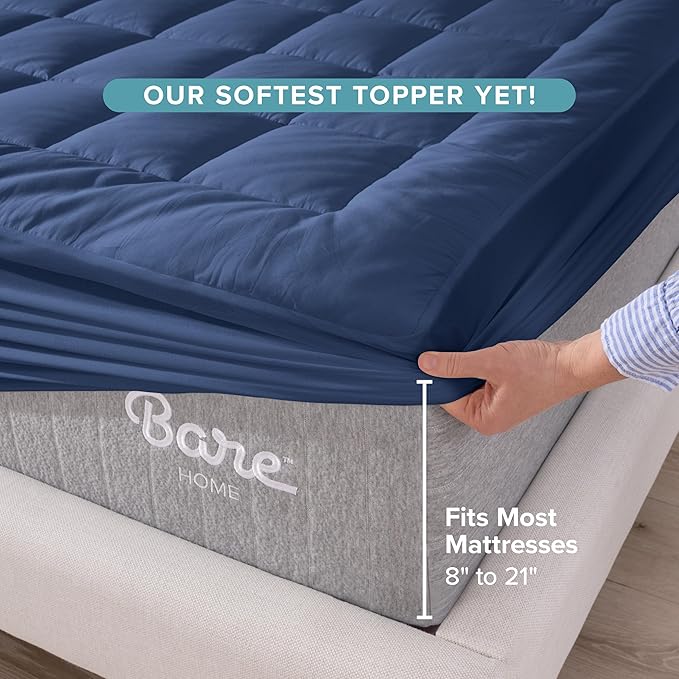 Bare Home Mattress Topper Cotton Top - Twin Extra Long - Plush Topper for Mattress - College Dorm Room Essentials - Cooling Breathable Air Flow - 8" to 21" Deep Pocket - Soft Pad (Twin XL, Dark Blue)