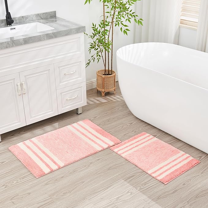 CozeCube Bath mats for Bathroom Non Slip, Fluffy Absorbent Microfiber Bath mat Washable, Aesthetic Bathroom Rugs, Cute Blossom Pink Striped Bath mat, Blossom Pink, 32" x 20"