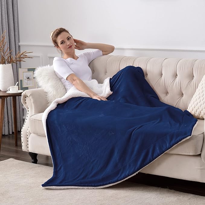 SOCHOW Sherpa Fleece Throw Blanket, Double-Sided Super Soft Luxurious Plush Blanket King Size 90 inchx108 inch, Navy Blue,