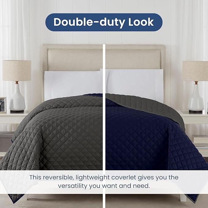 Martex Reversible Coverlet – Twin Bed Quilt – Lightweight Twin Size Bedding – Durable Quilts for Bed – Soft - Easy Care Bedding – Graphite/Navy