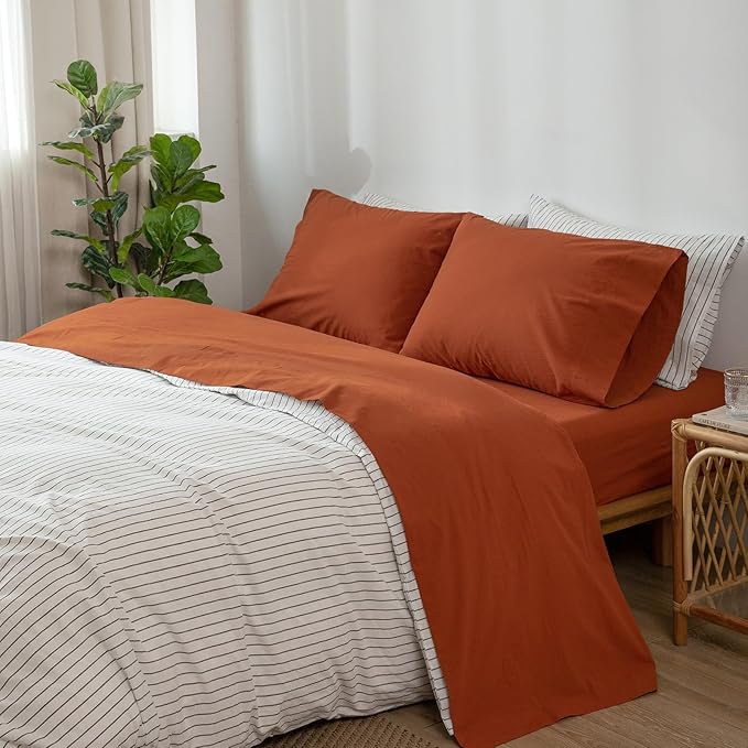 MooMee Bedding Sheet Set 100% Washed Cotton Linen Like Textured Breathable Durable Soft Comfy (Solid Rust Brown, Full)