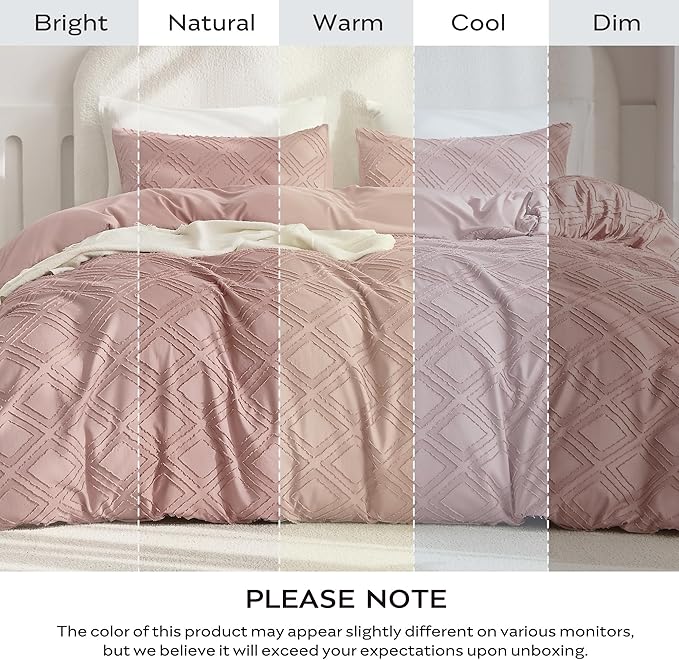 JELLYMONI Duvet Cover Queen Size Smokey Pink - 3PCS Boho Duvet Cover Set Plaid Polyester Tufted Bohemian Jacquard Knit Textured Comforter Cover 90×90in Rhombic Geometric Pattern Zipper Corner Tie