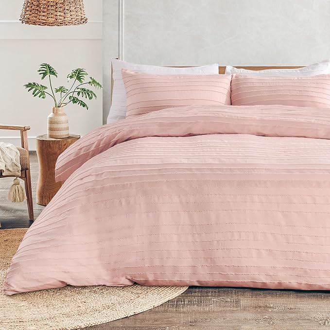 NEXHOME PRO California King Duvet Cover, Pink 3 Pieces Boho Tufted Duvet Cover Set, Soft and Lightweight Microfiber Comforter Cover Set for All Season (Pink Cal King, 104 x 98)-No Comforter