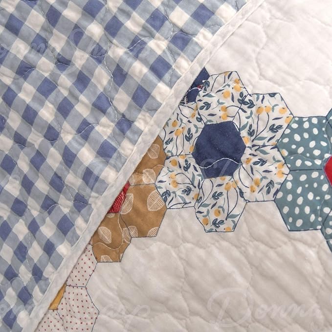 Donna Sharp Prairie Cotton Quilted Bedding Set - 3-Piece Queen Size Cotton Quilt Set - Includes 1 Floral Garden Hexagon Quilt and 2 Pillow Shams - Machine Washable
