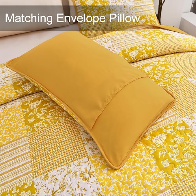 Mybedsoul Yellow Boho Quilt Set Queen Size,3 Pieces Plaid Floral Bedspread Coverlet Set Summer,Patchwork Reversible Bedding Set Queen 90"x96"