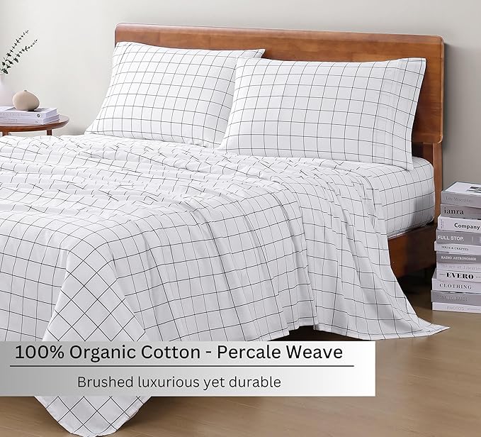 LANE LINEN 100% Organic Cotton King Size Sheets Set, Soft Breathable Sheets Percale Weave, All Season Machine Washable Hotel-Quality Mercerized Fully Elasticized Printed King Sheet Set - Windowpane