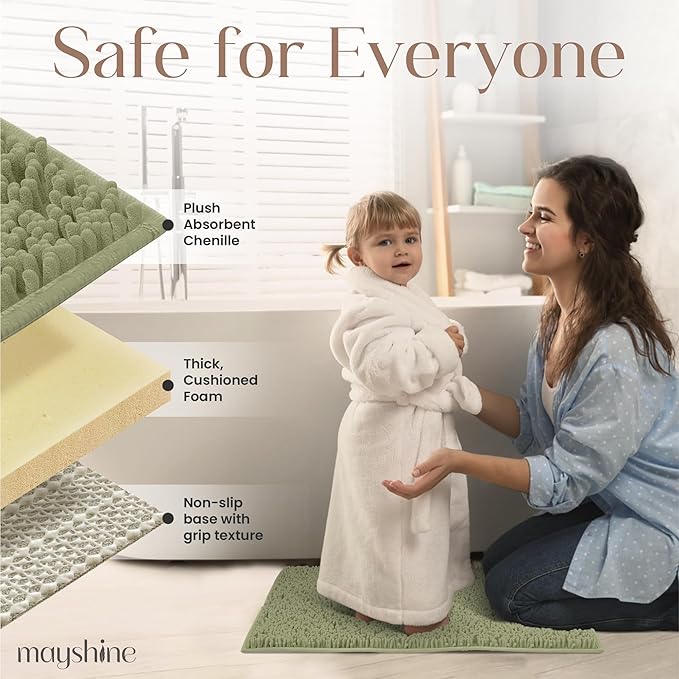 MAYSHINE Plush Shaggy Chenille Bath Mat | Extra Soft, Super Absorbent, Non-Slip Bathroom Rug | Fluffy Microfiber, Area Rug Sets for Bathroom Floor, Kitchen, Living Room | 23"x14" | Sage Green