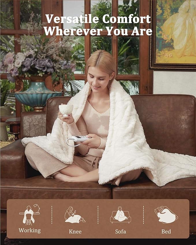 CAROMIO Electric Blanket Twin Size - Thick Tufted Sherpa Heated Blanket Twin with 10 Heating Levels and 10 Time Settings, ETL Certified Machine Washable Fast Heating Blanket Twin 62"×84", White