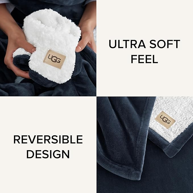 UGG Ariana Twin/Twin XL Blanket Fleece Fluffy Reversible Soft Fuzzy Bedding Plush Warm Oversized Bed Blanket Washable Bedroom Decor for Dorm Room Essential, 60-inch x 90-inch, Navy Blue