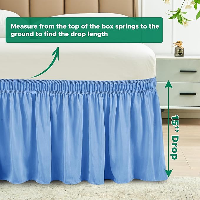 Biscaynebay Wrap Around Bed Skirts for Twin & Twin XL Beds 15" Drop, Denim Blue Elastic Dust Ruffles with Adjustable Belts Silky Luxrious Fabric Machine Washable