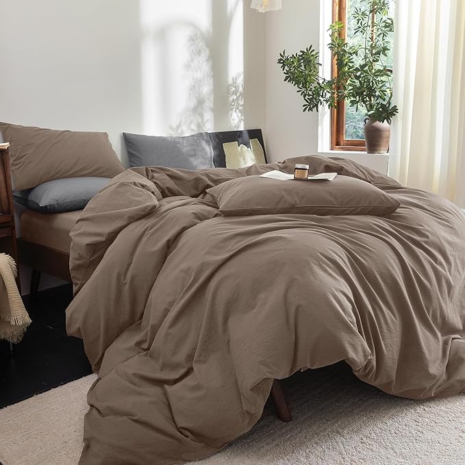FOSSA Duvet Cover Set 100% Washed Cotton Linen Feel Super Soft Breathable Cozy 3 Pieces Bedding Sets Solid Pale Brown Super King