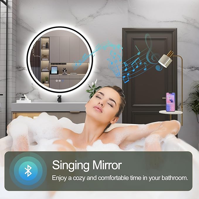 S·BAGNO 32’’ Round Led Bathroom Mirror with Lights, Bathroom Vanity Wall Mirror with Buletooth, Anti-Fog, Stepless Dimmable, 3 Colors, Tempered Glass Lighted Makeup Mirror for Bathroom