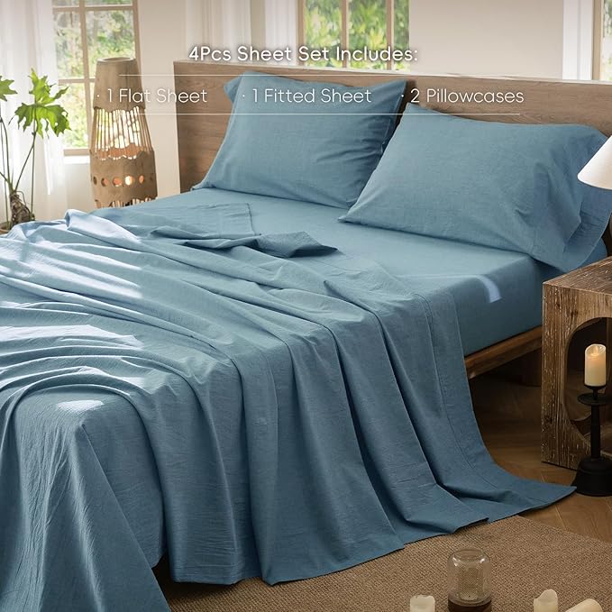 MooMee Bedding Sheet Set 100% Washed Cotton Linen Like Textured Breathable Durable Soft Comfy (Heathered Peacock Blue, Queen)