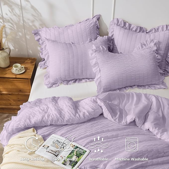 JOLLYVOGUE Lavender Queen Comforter Set, 3 Pieces Seersucker Comforters Queen Size, Lightweight & Fluffy Bedding Sets Queen for All Season with 1 Ruffle Comforter and 2 Ruffle Pillowshams