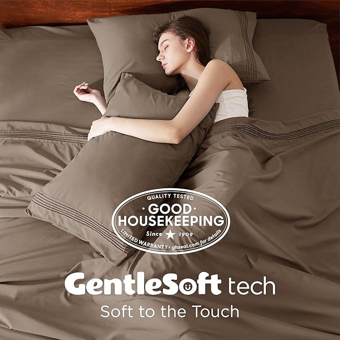 Bedsure Deep Pocket Queen Sheets Set - Fits Mattresses Up to 21 Inches Thick - 4 Piece GentleSoft Bed Sheets, Moisture Wicking, Soft & Cooling Bedsheet & Pillowcases, Easy & Secure Fit, Light Brown