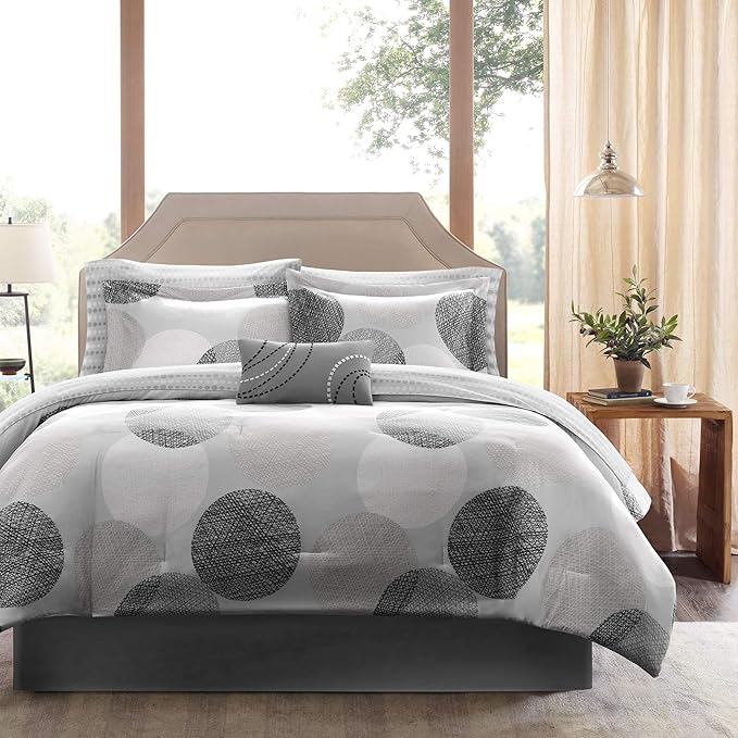 Madison Park Essentials Bed in a Bag Comforter, Vibrant Color Design All Season Down Alternative Cover with Complete Cotton Sheet Set, Full(78"x86"), Knowles, Circular Grey, 9 Piece