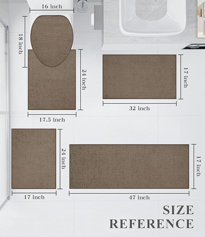 Chakme 5 Piece Bathroom Rug Sets, Ultra Thin Bath Mat, Absorbent, Non Slip, Machine Washable, Coffee, 17" x 24"