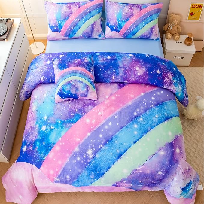 ANGIYUIN Tie Dye Blue Rainbow Comforter Set Queen Size 6 Pieces Gradient Glitter Girls Bed in A Bag Twinkle Nebula Comforter Bedding Set for All Season