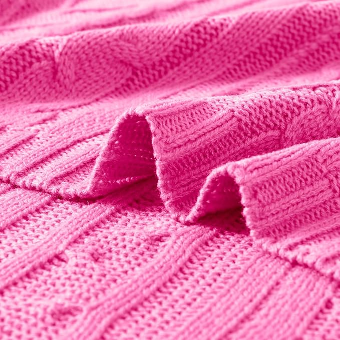 Aormenzy Hot Pink Cable Knit Throw Blankets for Couch Bed Sofa, Acrylic Knitted Blanket, Soft Cozy Throw Blanket, 50" x 60"