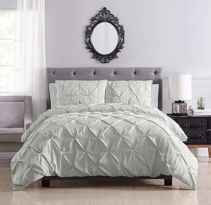 Pinch Pleated Duvet Cover Set 100% Cotton 3PC Oversize Size 98x120 Duvet Cover Set, Decorative Pinch Design Silver Grey Duvet Cover with Matching Pillow Case