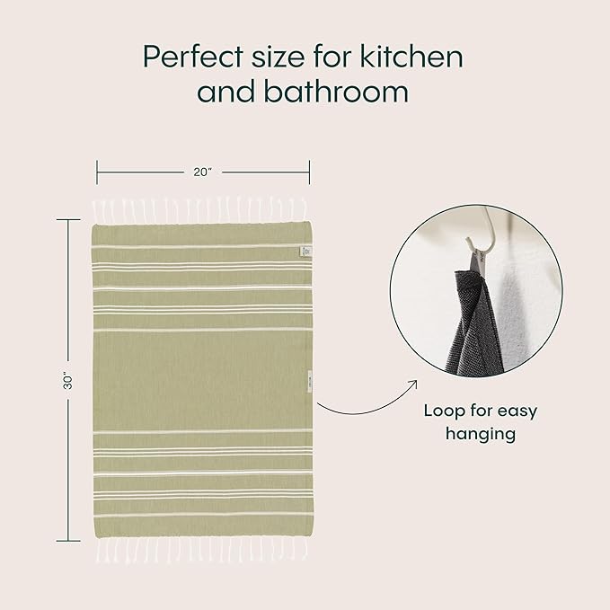 WETCAT Turkish Hand Towels with Hanging Loop, Set of 2 (20" x 30") 100% Turkish Cotton, Pre-Washed, Quick Drying, for Kitchen or Bathroom - Sage Green
