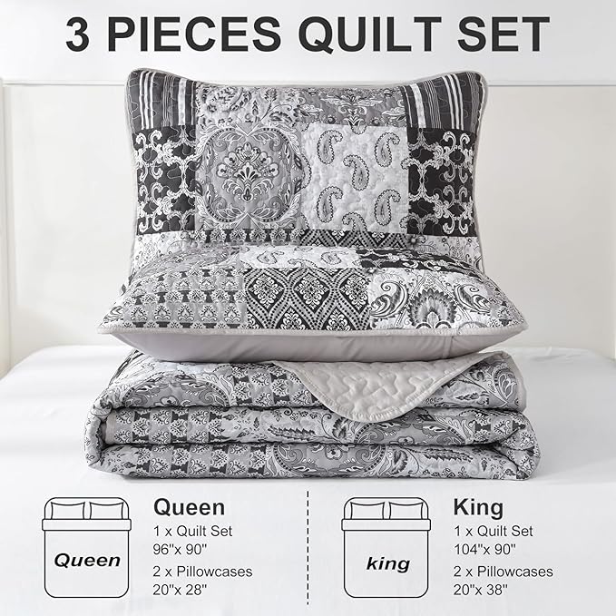 WONGS BEDDING Grey Quilt Set Queen Size, Patchwork Plaid Bedspread Bedding Sets Soft Microfiber Boho Quilts for Queen Bed 3 Pieces Coverlet Set for All Season (96"x90")