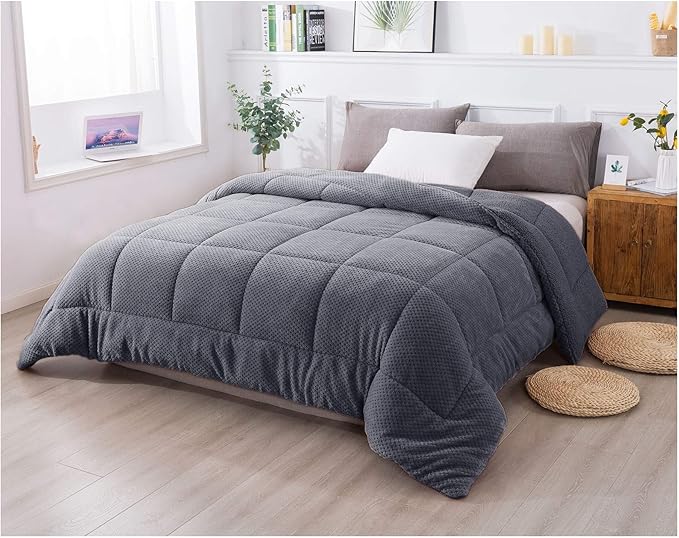 KASENTEX Super Ultra Soft Luxury Plush Sherpa Comforter, Cozy Reversible Fleece - Goose Down Alternative Fill, Machine Washable Bedding, Excalibur Grey, Queen Size