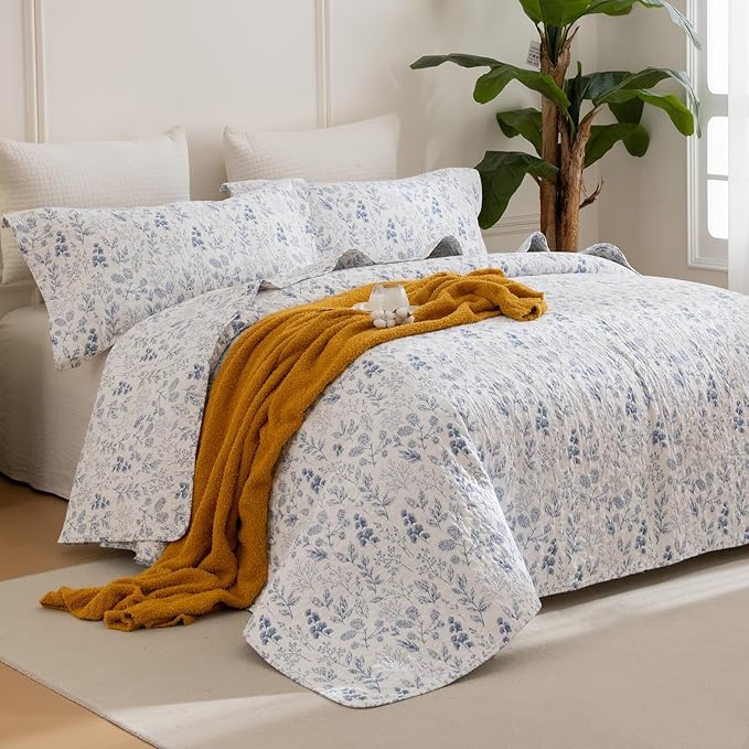 Lady Ann Queen Size Cotton Quilt Sets - Blue and White Floral & Leaves Pattern Botanical Printed Quilted Bedding, 3 Pcs Lightweight Soft Bedspread Sets Queen Coverlet for All Season