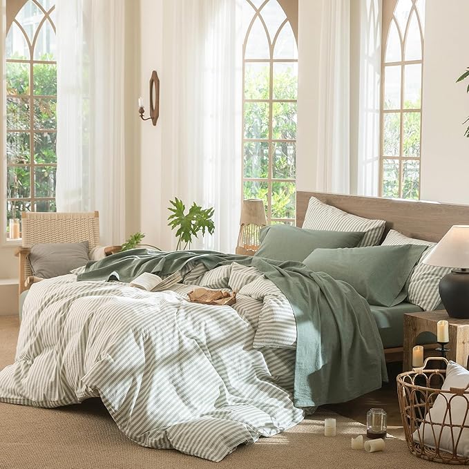 MooMee Bedding Sheet Set 100% Washed Cotton Linen Like Textured Breathable Durable Soft Comfy (Heathered Green, California King)